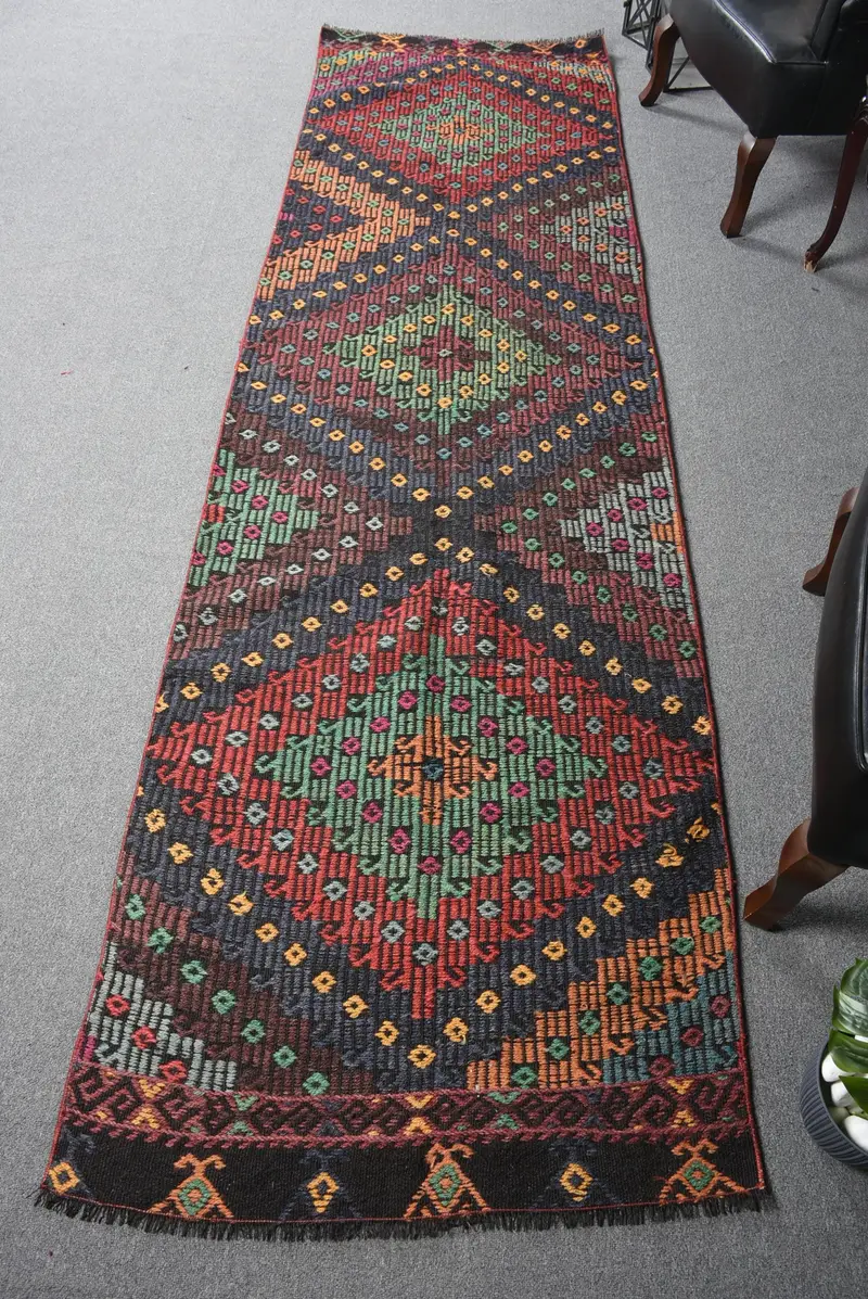 Alfombra Morada Hecha a Mano, 9x10,6 pies con Detalles Verdes