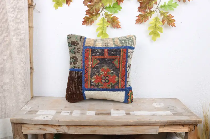 Vintage Kilim Throw Pillow, Vintage Pillow, Kilim Pillow, Cushion Cover, Muted Pillow Sham, Indoor Pillow Case, 14x14 Red Cushion Cover - 1
