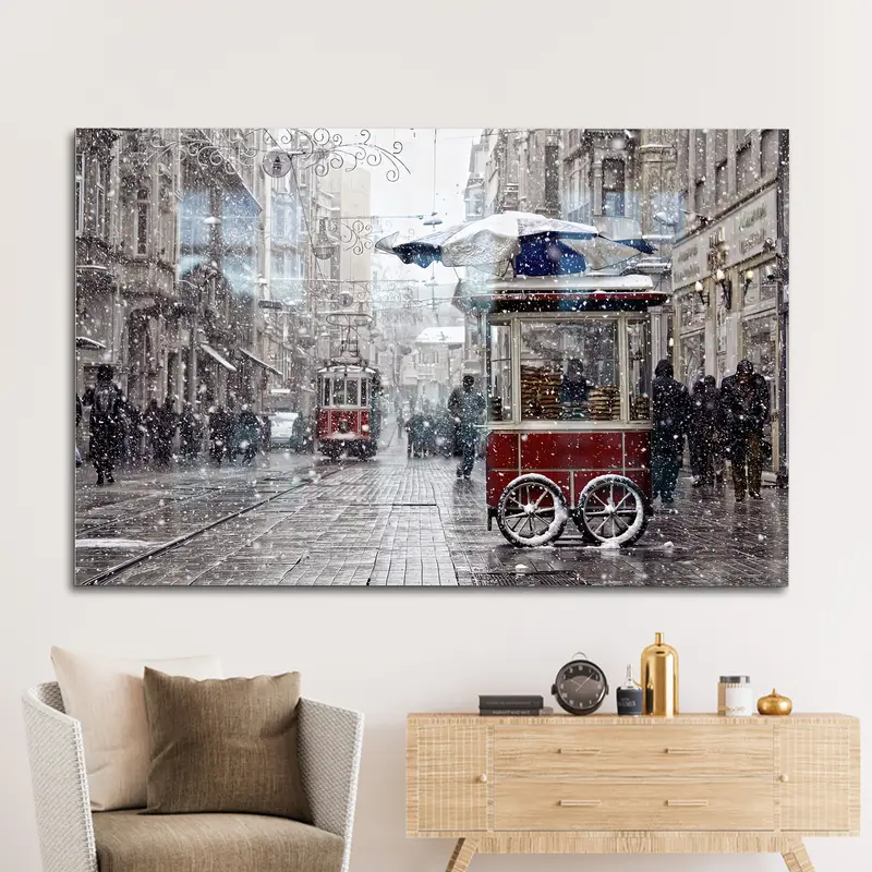 Vidrio impreso elegante: paisaje invernal de Estambul y tranvía antiguo