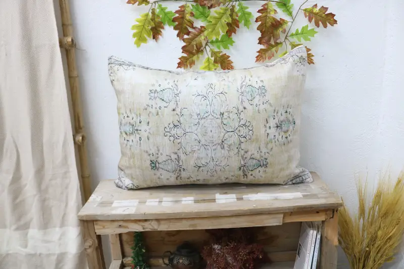 Handmade Embroidered Throw Pillow, Vintage Green & Brown Square Pillow