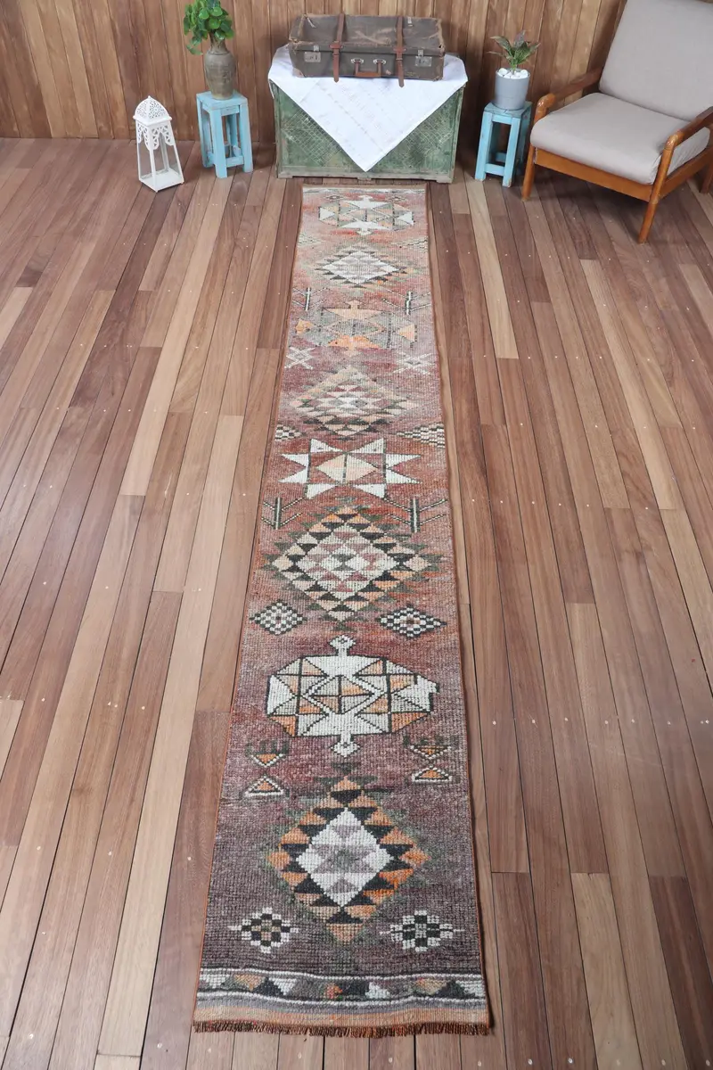 Alfombra vintage de 2x12,2 pies, alfombra pequeña turca, alfombra geométrica marrón naranja - 1
