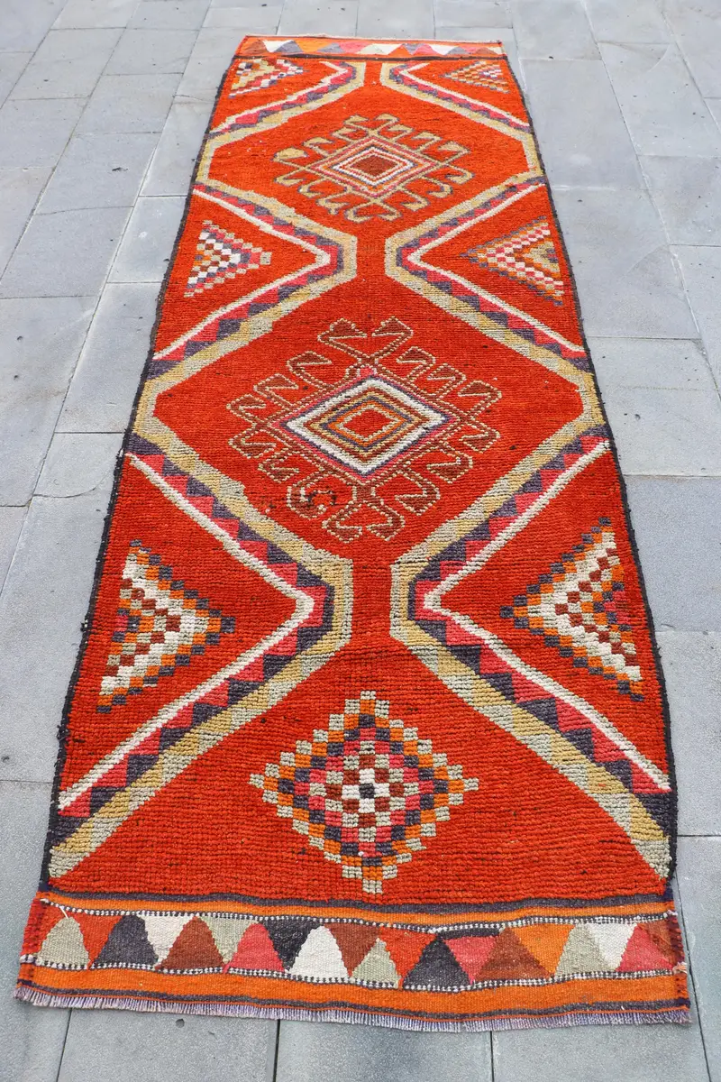 Turkish 3.3x10.5 ft Rug, Runner Vintage Rug, Red Brown Floral Wool Rug - 1