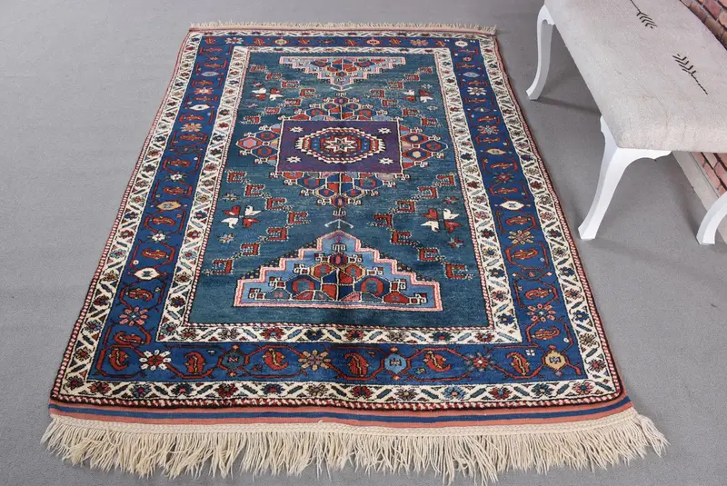 ブルー & ベージュ ラグ、4.9x6.7 フィート ソリッド コンフォート