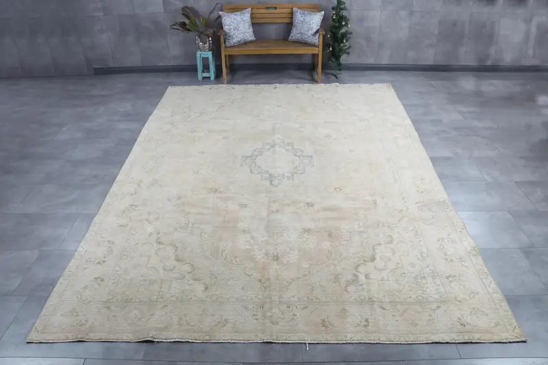 8.8x12.3 ft Vintage Türk Halısı, Büyük Boy Halı, Oushak Bej Yün Halı - 1