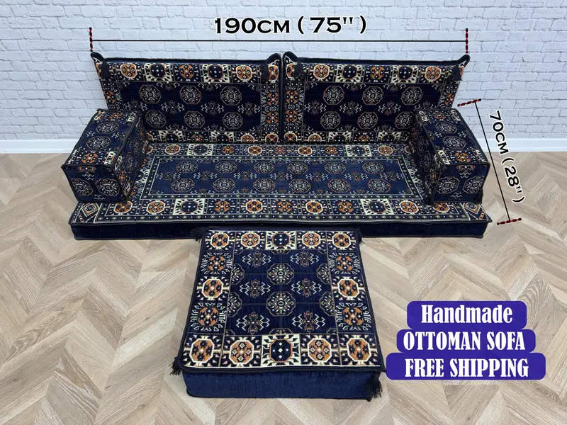 Modüler Mavi & Bej Osmanlı Koltuk Takımı, Kilimden Esinlenmiş Osmanlı