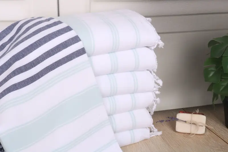 Navy Blue-Mint Cotton Towel Striped, Bath Towel, 70x40 inches