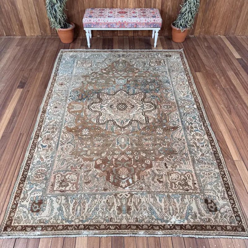 6.6x9.6 ft Rug, Turkish Vintage Rug, Brown Blue Wool Rug - 1