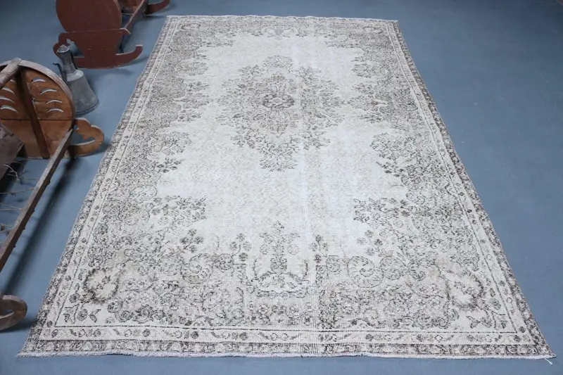 Türk Büyük Halı 5.6x9.3 ft, Beyaz Ombré Vintage Yün Halı - 1