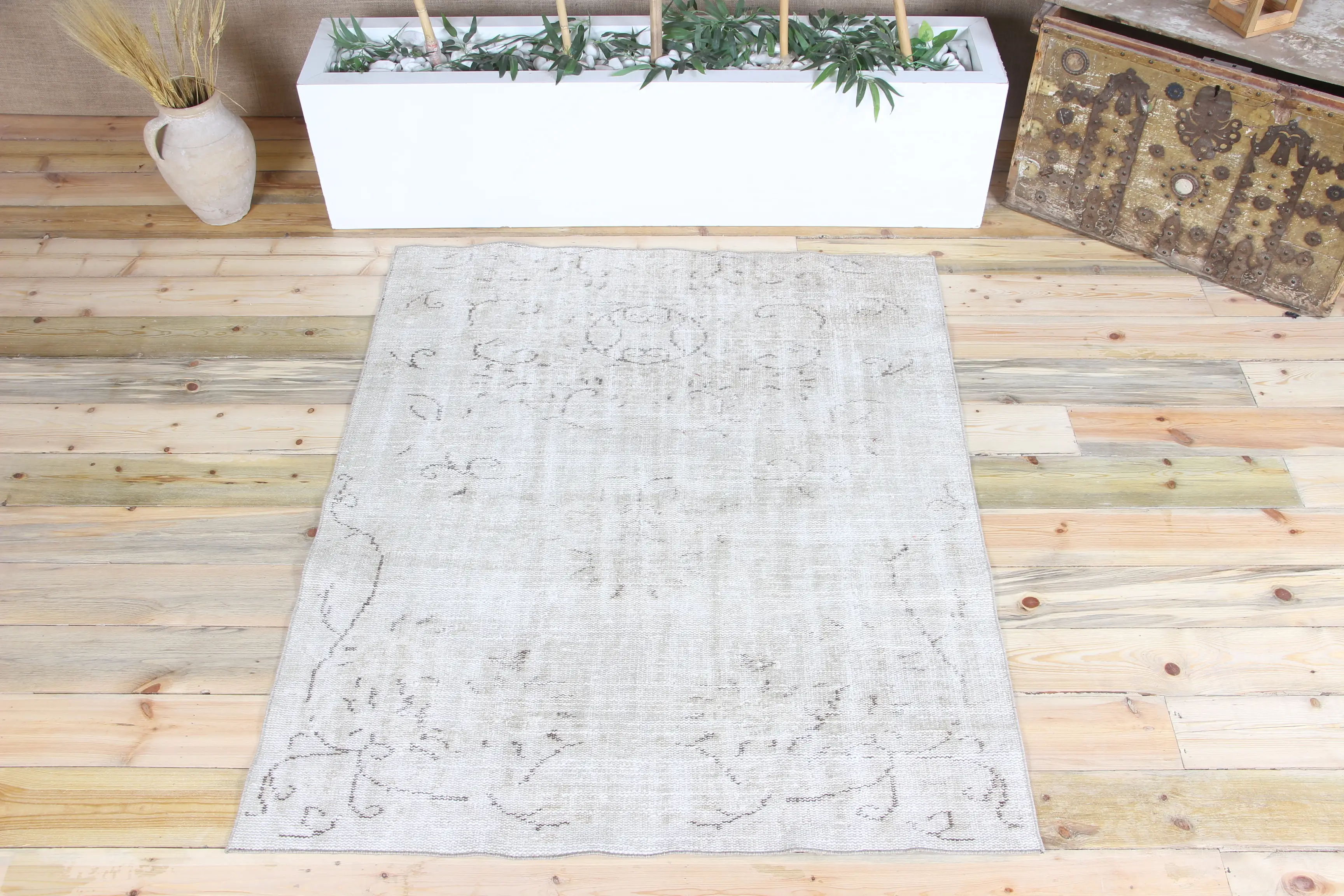 Türk Halısı, 4.2x4.9 ft Vintage Halı, Yeşil Kahverengi Çiçekli Halı - 1