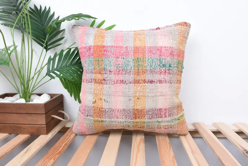 Bolster Throw Pillow Sham, Vintage Pillow, 18x18 Pink Pillow Sham, Turkish Pillow, Rustic Cushion Case, Cushion Case, Vintage Kilim Pillow - 1