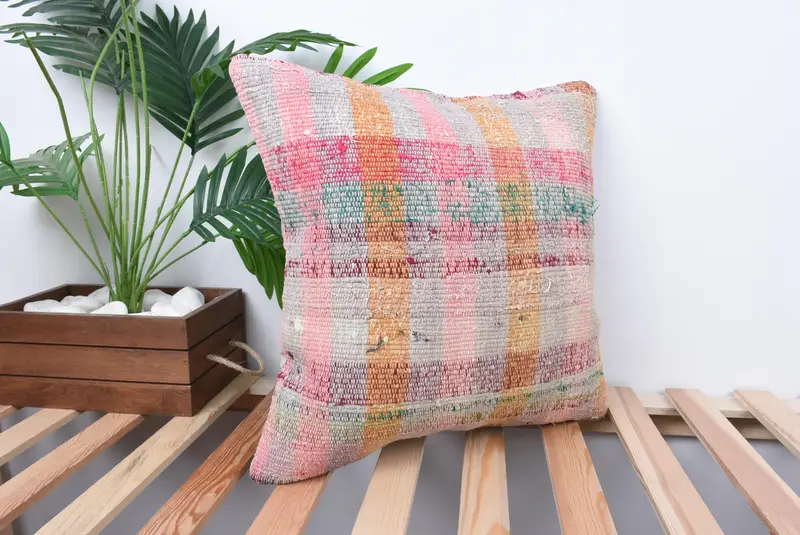 Bolster Throw Pillow Sham, Vintage Pillow, 18x18 Pink Pillow Sham, Turkish Pillow, Rustic Cushion Case, Cushion Case, Vintage Kilim Pillow - 4