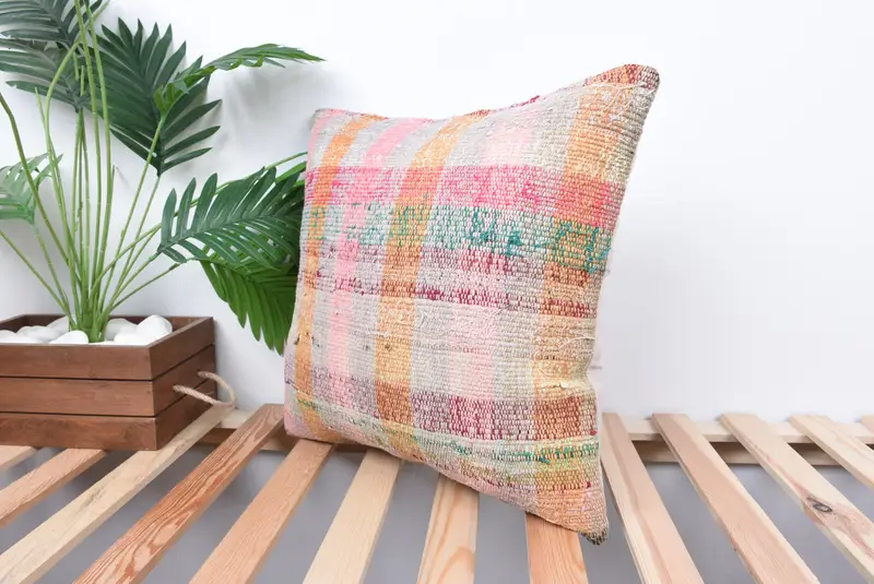Bolster Throw Pillow Sham, Vintage Pillow, 18x18 Pink Pillow Sham, Turkish Pillow, Rustic Cushion Case, Cushion Case, Vintage Kilim Pillow - 5