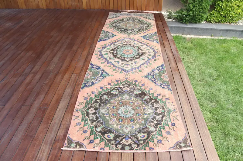 Turkish Rug, 3.3x11.7 ft Vintage Rug, Pink Blue Wool Rug - 1