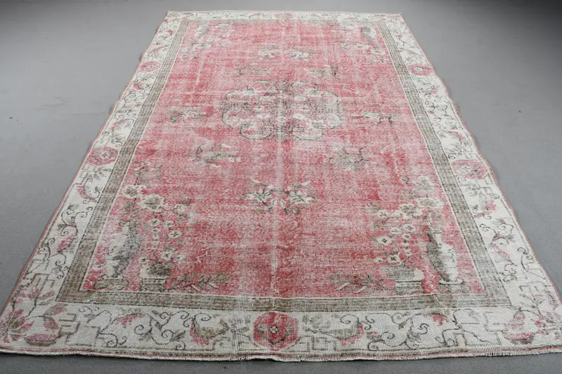 6.6x10.1 ft Vintage Halı, Türk Büyük Halı, Kırmızı Beyaz Düz Halı - 1