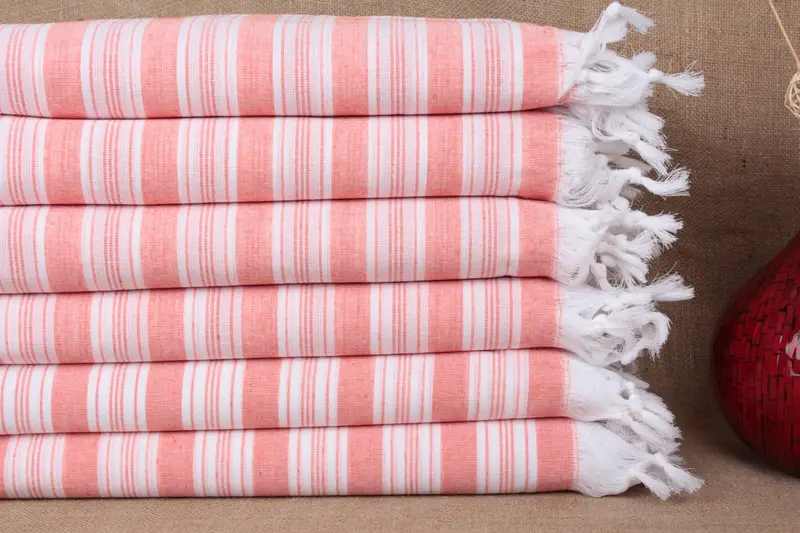 トルコビーチタオル オレンジストライプペシュテマル、オーガニックコットン、40x71インチ