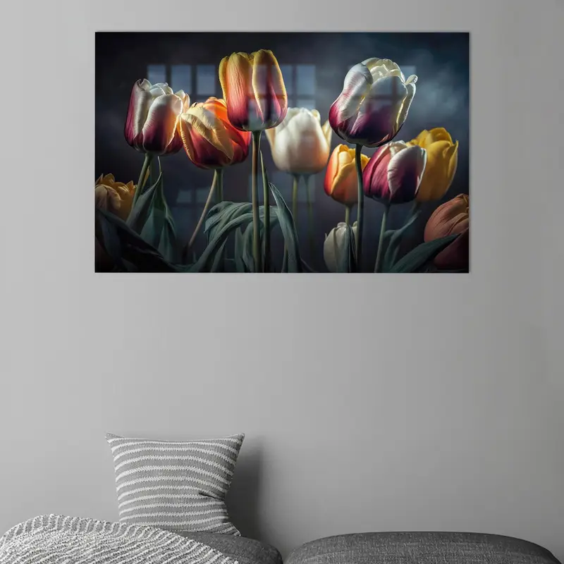 Vidrio impreso con tulipanes modernos: mejore la decoración de su sala de estar