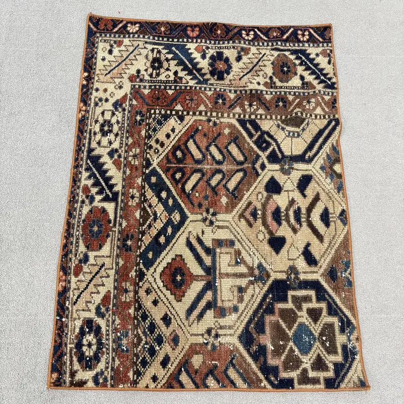 Vintage Turkish Rug, 2.2x3.1 ft Small Rug, Blue Brown Floral Rug - 1