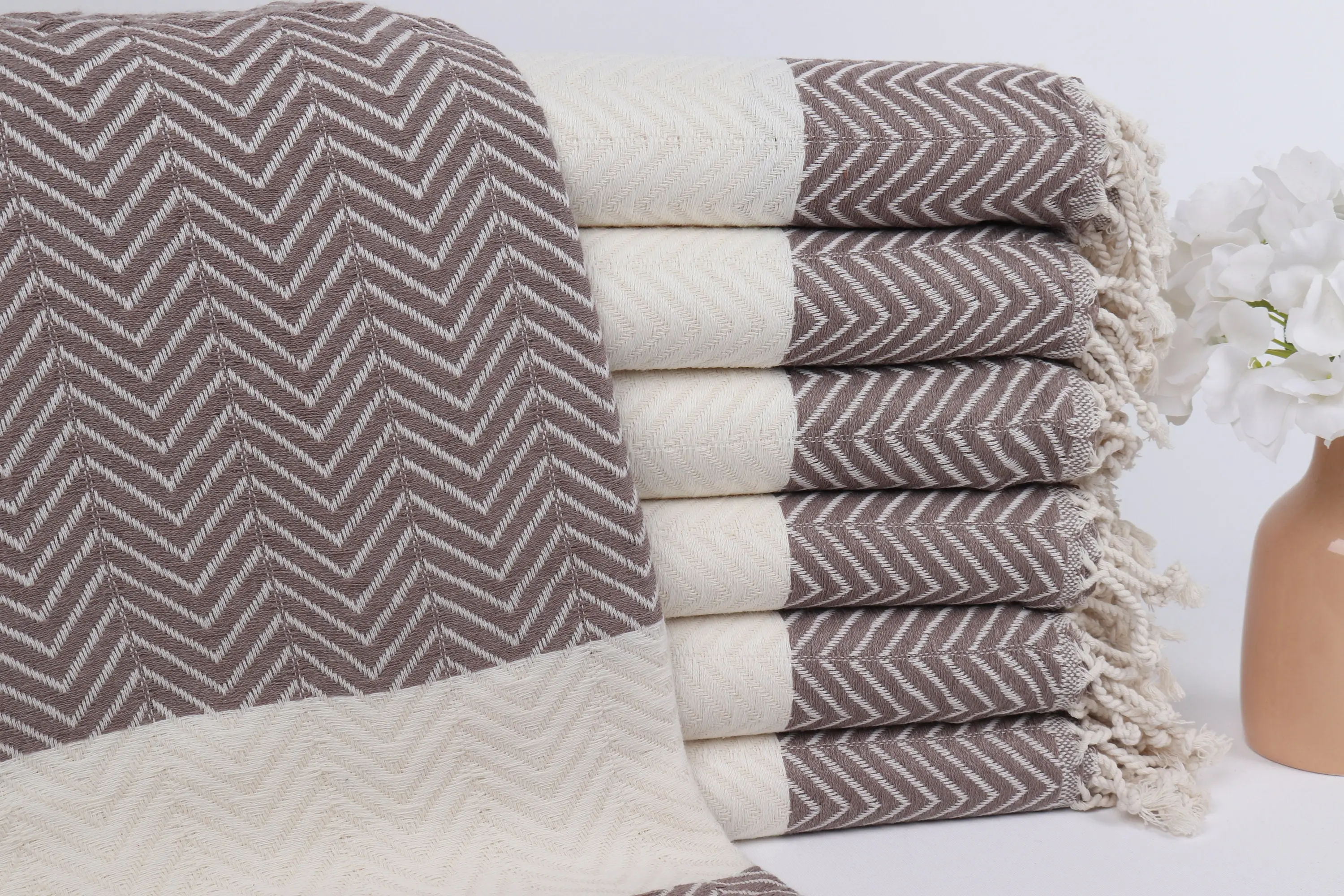 Bridesmaid Gift Towel Turkish Cotton Brown Zig Zag, 40x71 Inches - 1