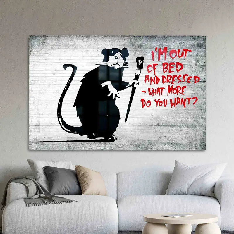 Zarif Baskılı Cam: Banksy Fare, Yataktan Çıkıyorum Tasarımı