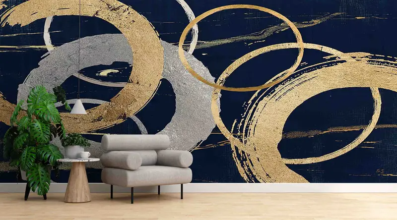現代的なゴールド & シルバー リング プリント壁紙 - トレンディ エレガンス