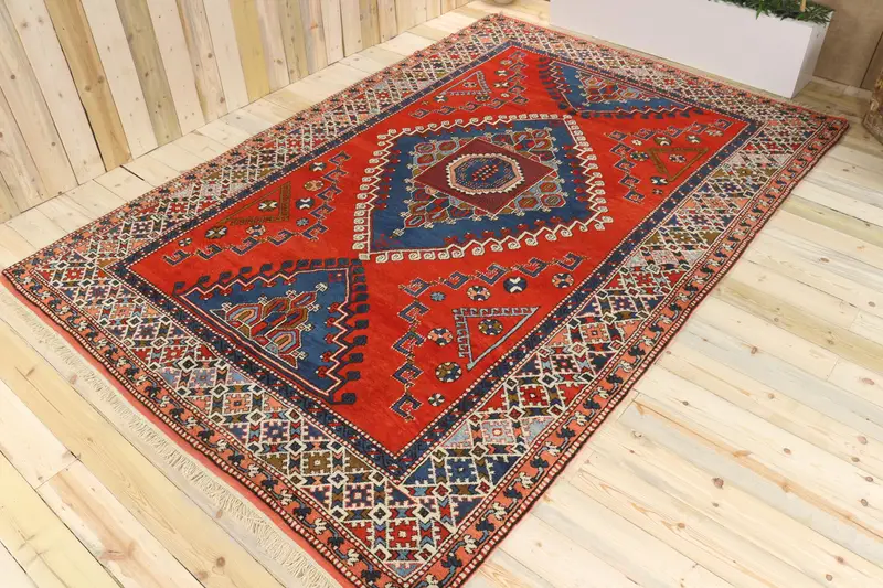 7.2x10.9 ft Vintage Oushak Rug, Red Turkish Wool Rug - 1