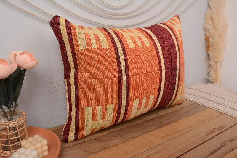 Orange & Beige besticktes Wurfkissen, 20x28 handgemachtes Kissen