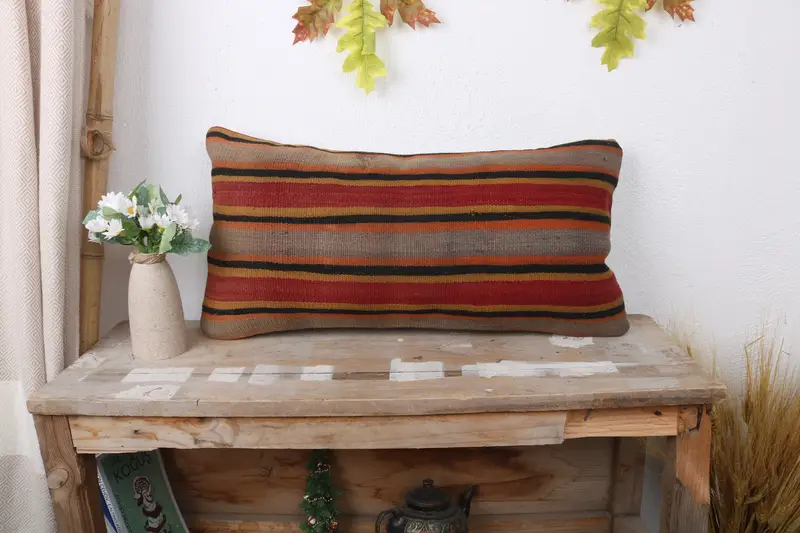 Crochet Pattern Cushion Case, Cushion Cover, Vintage Kilim Throw Pillow, Turkish Pillow, Vintage Kilim Pillow, 12x24 Orange Cushion Case - 1