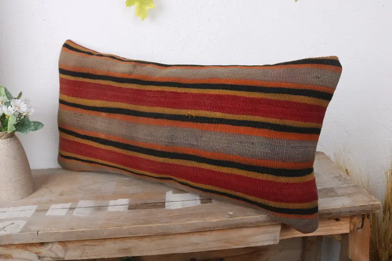 Crochet Pattern Cushion Case, Cushion Cover, Vintage Kilim Throw Pillow, Turkish Pillow, Vintage Kilim Pillow, 12x24 Orange Cushion Case - 4