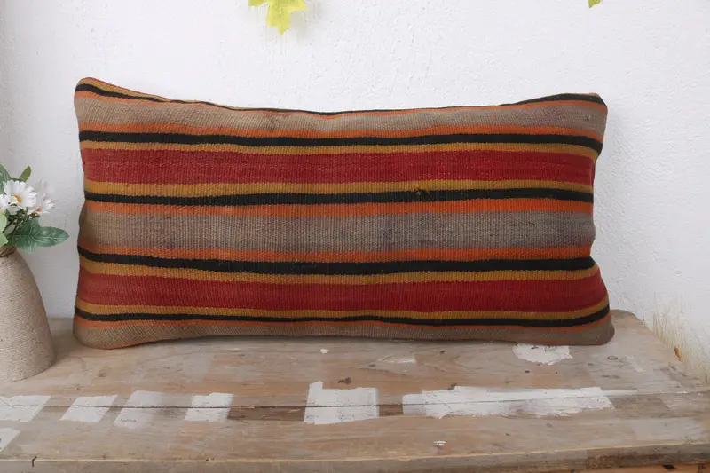 Crochet Pattern Cushion Case, Cushion Cover, Vintage Kilim Throw Pillow, Turkish Pillow, Vintage Kilim Pillow, 12x24 Orange Cushion Case - 2