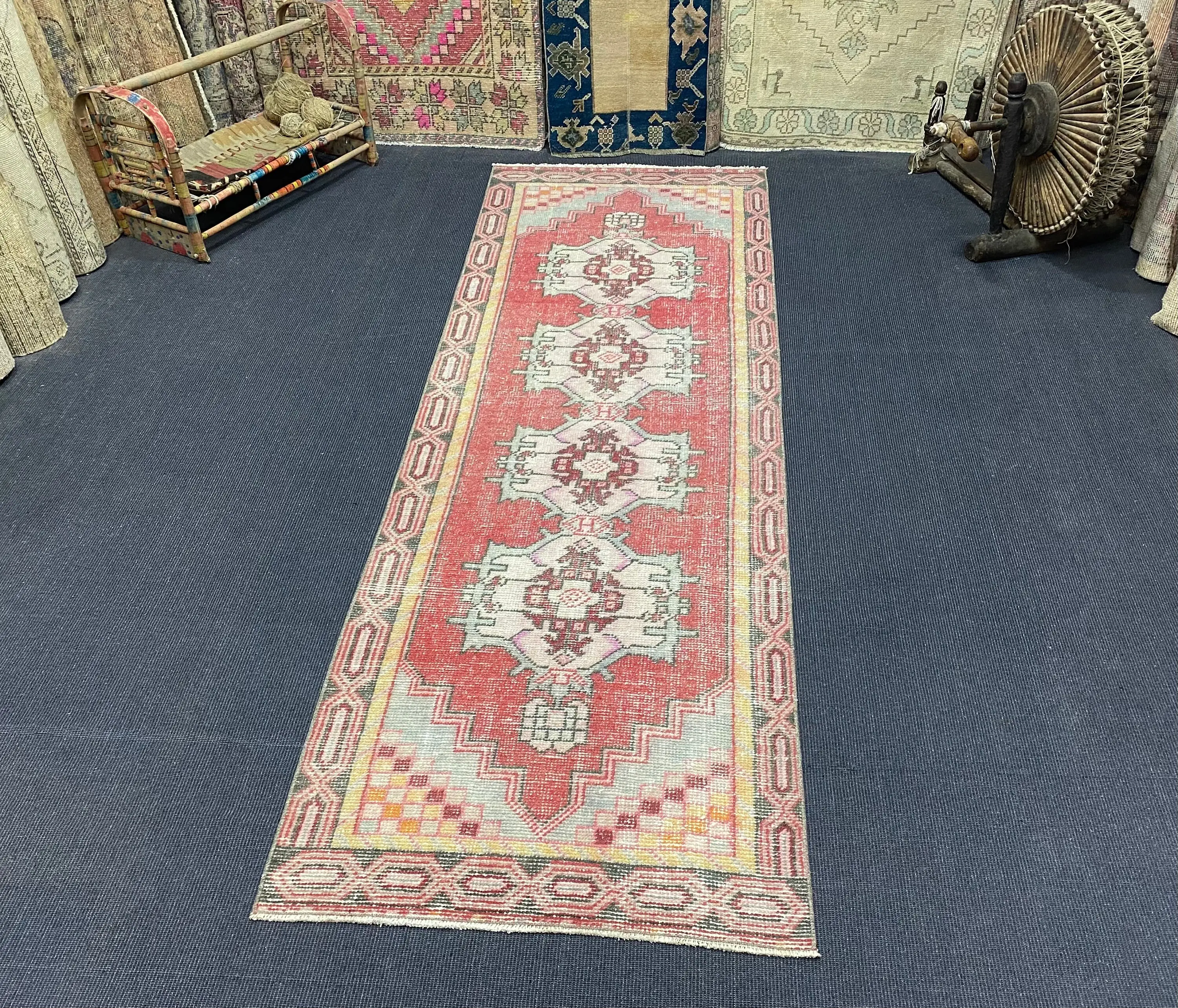 2.9x9.3 ft Turkish Rug, Vintage Rug, Red Floral Wool Rug - 1