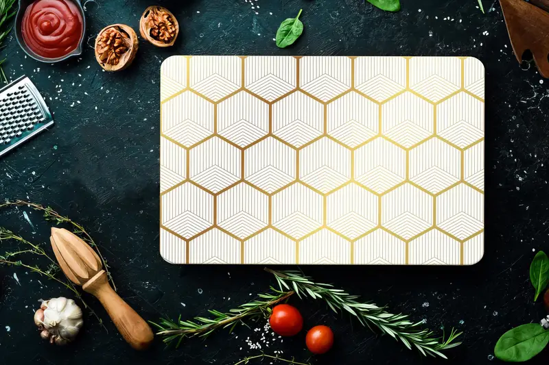 Arı Tarak Desenli Altın Altıgen Cam Kesme Tahtası