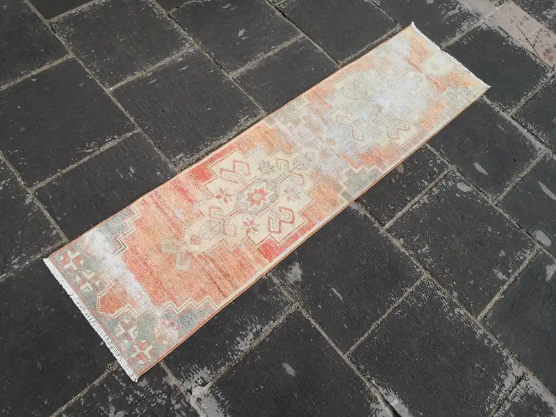 1.5x5.7 ft Vintage Turkish Rug, Runner Rug, Oushak Red Wool Rug - 1