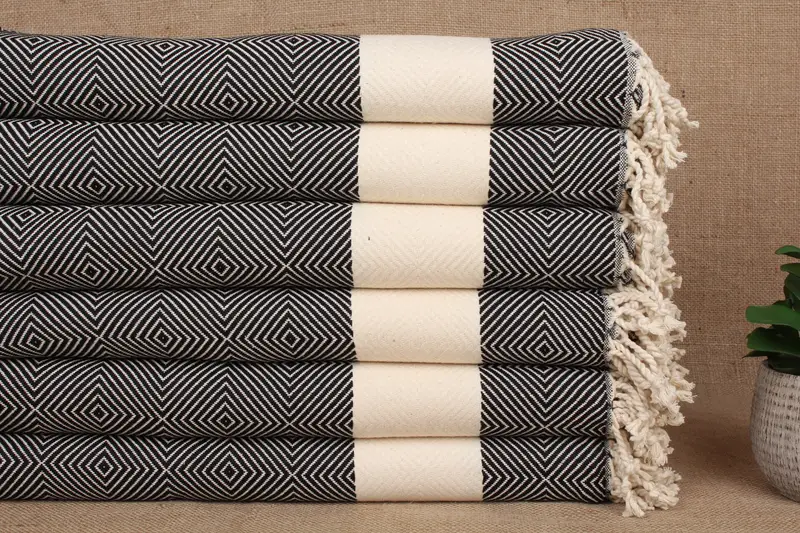 Personalized Diamond Black Beach Towel, Organic Cotton, Beige, 40x79 Inches