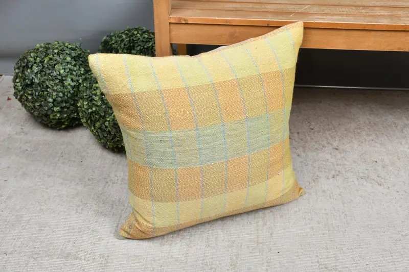 Throw Kilim Pillow, Cushion Cover, Antique Pillows, 20x20 Yellow Pillow Sham, Kilim Pillow Cover, Ethnic Throw Pillow Sham - 7