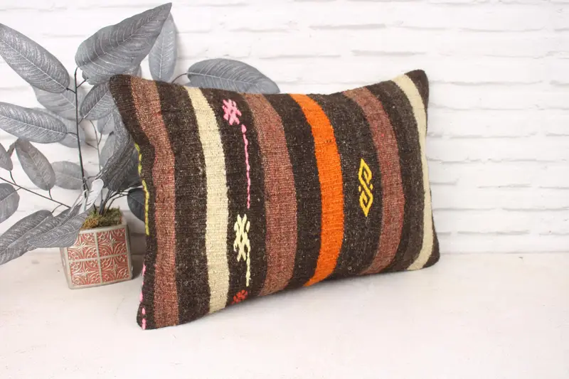 Cushion Case, Boho Pillow Sham Cover, Throw Kilim Pillow, Kilim Pillow Cover, Turkish Rugs Pillow Cover, 16x24 Orange Pillow Sham - 3