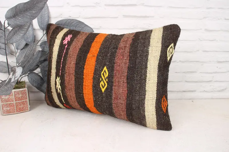 Cushion Case, Boho Pillow Sham Cover, Throw Kilim Pillow, Kilim Pillow Cover, Turkish Rugs Pillow Cover, 16x24 Orange Pillow Sham - 4