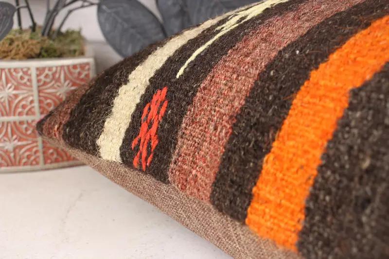 Cushion Case, Boho Pillow Sham Cover, Throw Kilim Pillow, Kilim Pillow Cover, Turkish Rugs Pillow Cover, 16x24 Orange Pillow Sham - 7
