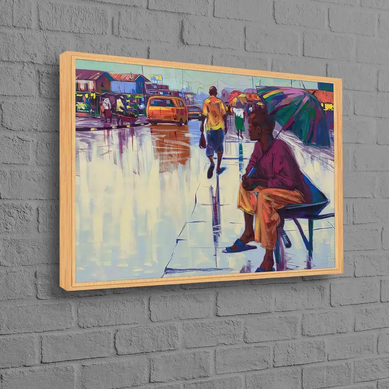 Lebhafte Leinwand einer afrikanischen Frau: Nigerianische Landschaft an einem regnerischen Tag