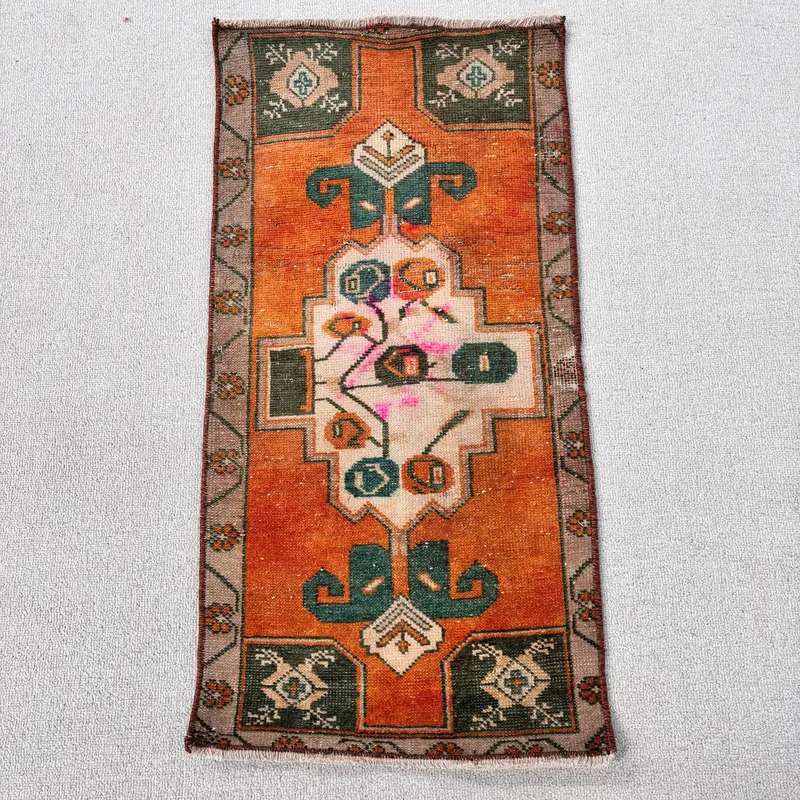 Vintage Rug, Small 1.4x2.8 ft Turkish Rug, Orange Floral Wool Rug - 1