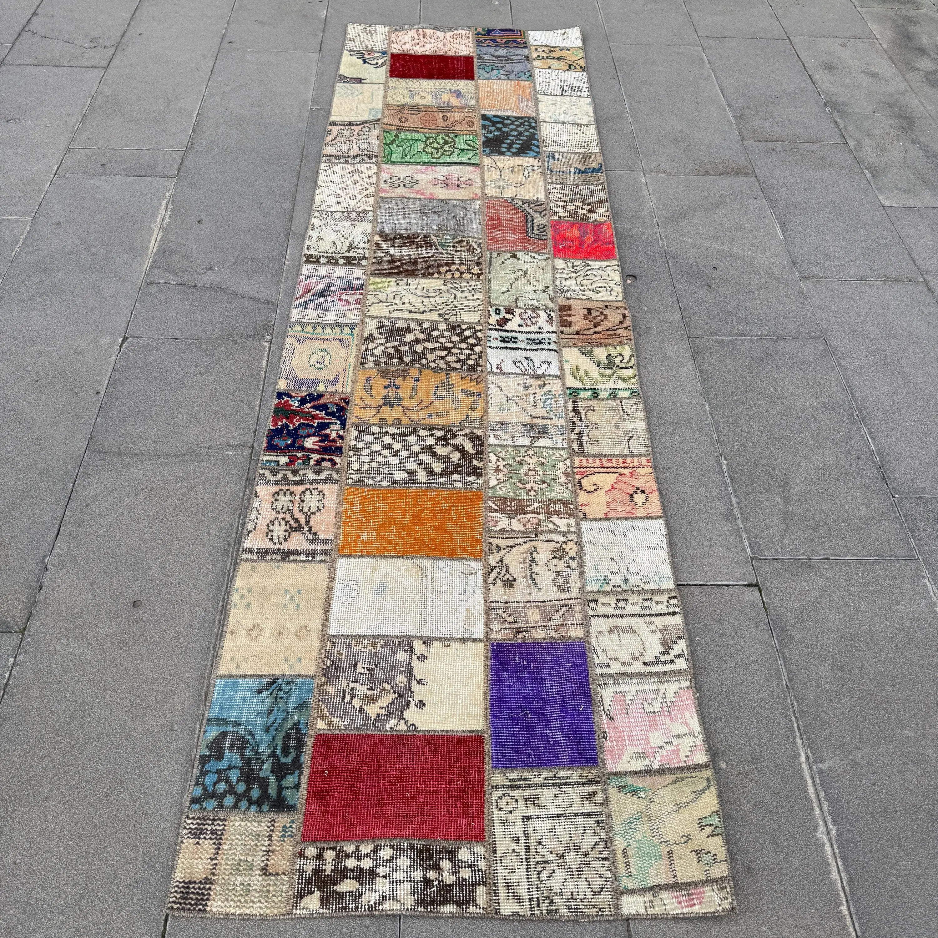 Turkish Runner Rug, 2.5x8.6 ft Vintage Rug, Red Patchwork Wool Rug - 1