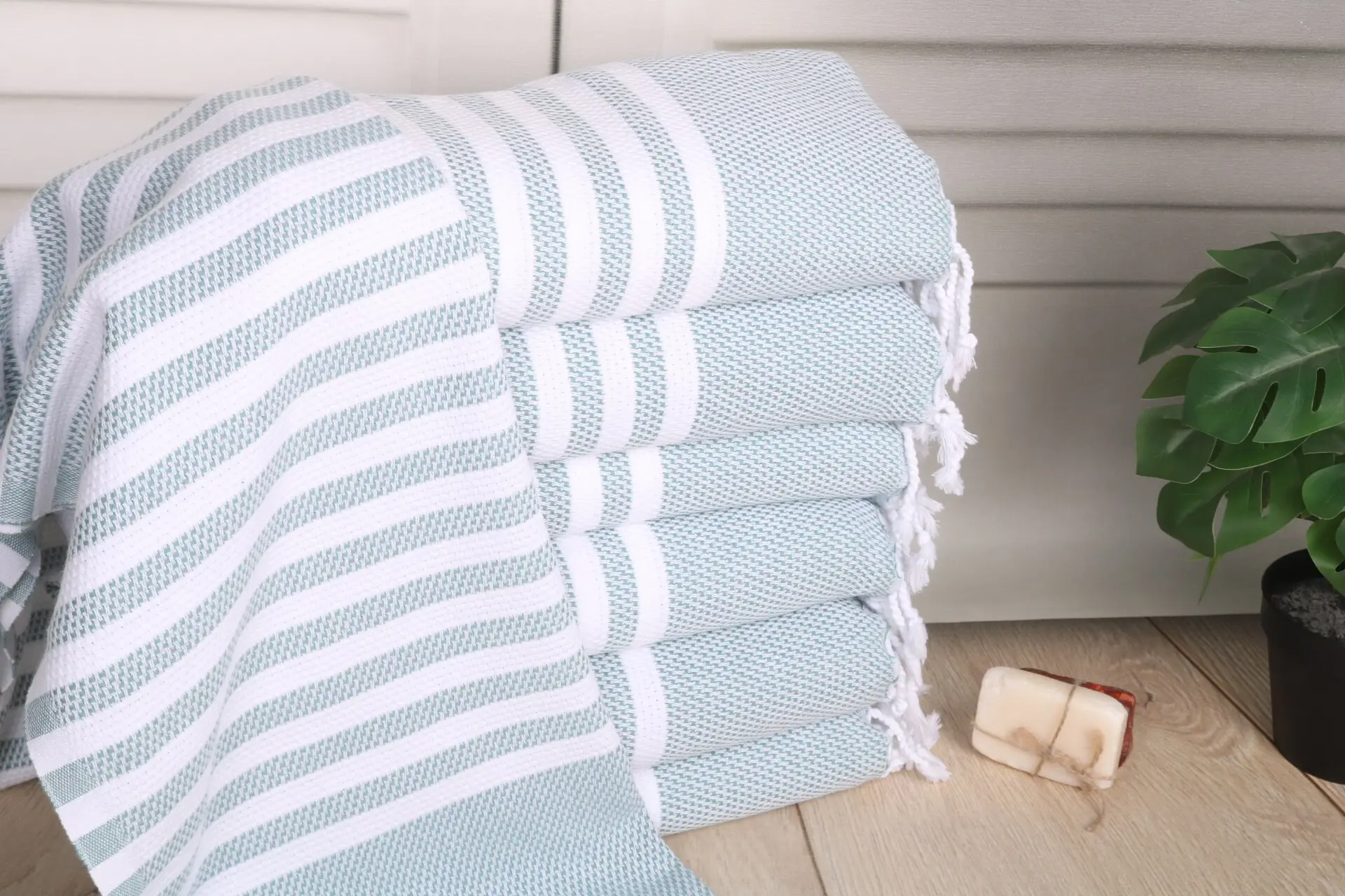 Striped Hand Towel Green Cotton 24x44 Inches, Organic or Recycled - 1