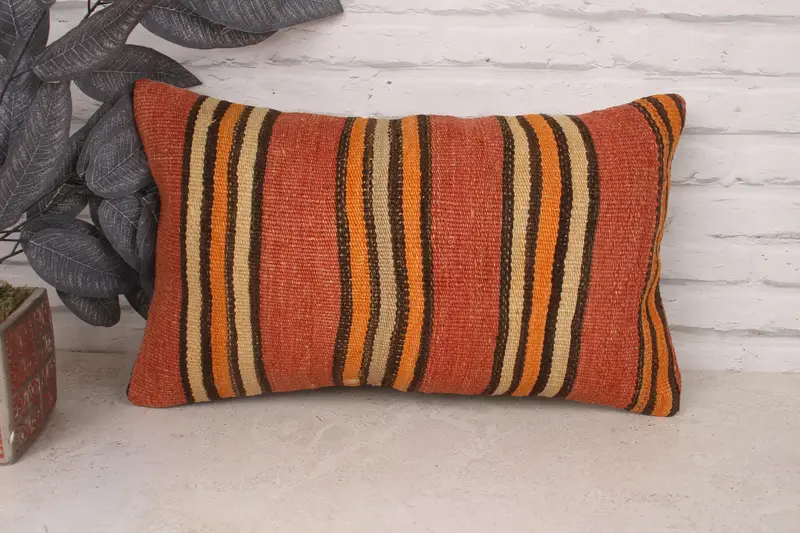 Pillow Case, 12x20 Red Pillow Sham, Retro Throw Cushion, Throw Kilim Pillow, Turkish Pillow, Natural Pillow Cover, Ethnical Kilim Rug Pillow - 1