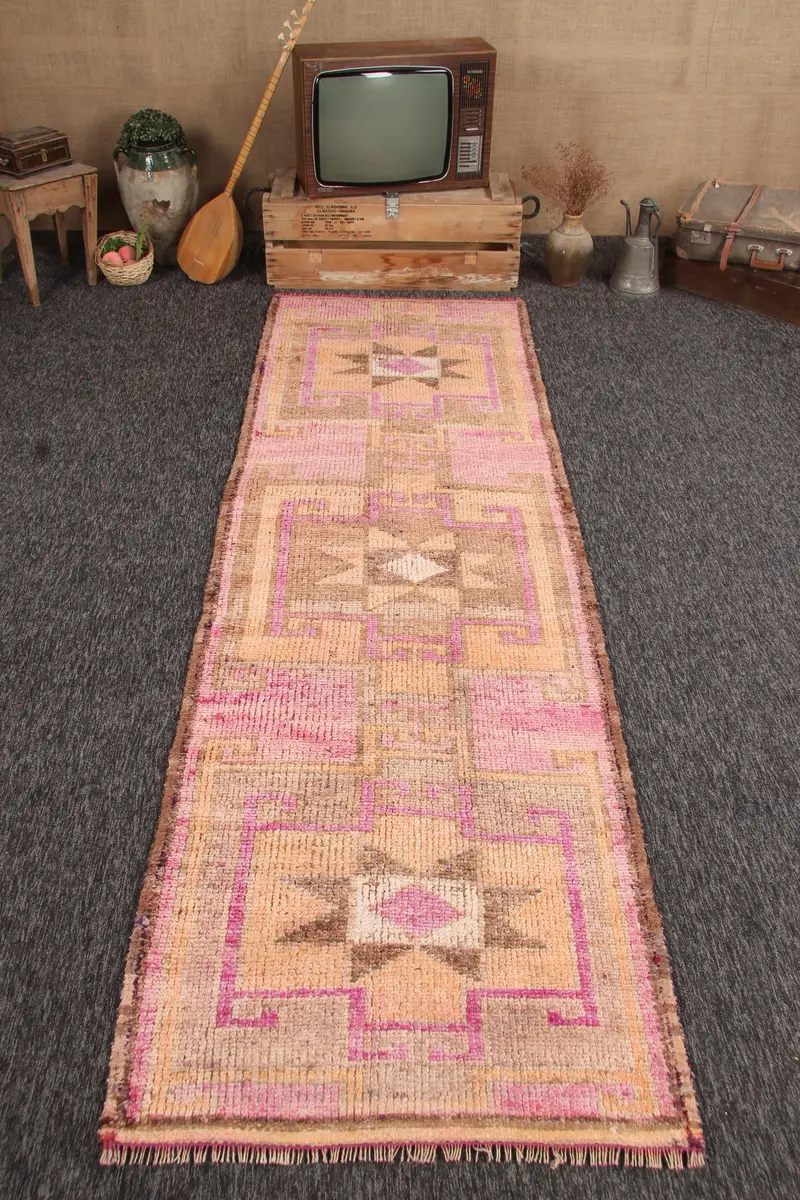 Vintage Turkish Rug, 3.2x10.5 ft Herki Rug, Pink Yellow Oriental Wool Rug - 1