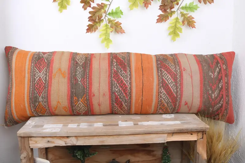 Kilim Cushion Sham, Home Decor Pillow, Pillow, 16x48 Orange Pillow Sham, Gift Pillow, Southwestern Pillow Sham, Decorative Bolster Cushion - 2