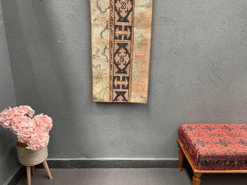 Vintage Oushak Rug 1.5x4.1 ft, Orange Black Ikat Wool Turkish Rug - 1