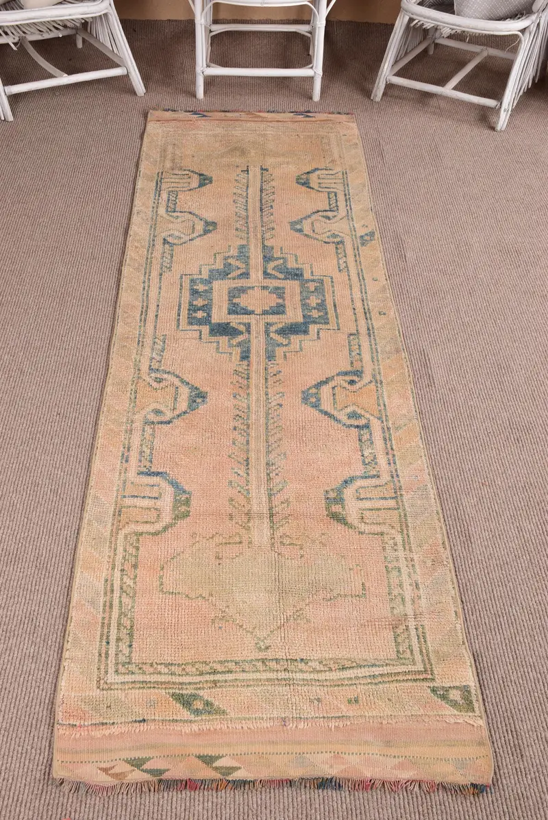 Vintage Turkish Rug 2.7x9.1 ft (82x278 cm), Herki Blue Green Rug - 1