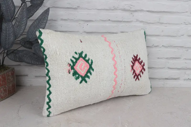 Boho Chic Pillow Case, Kilim Pillow, Home Decor Pillow, 12x20 White Cushion, Bright Cushion Cover, Pillow for Sofa, Pillow - 3