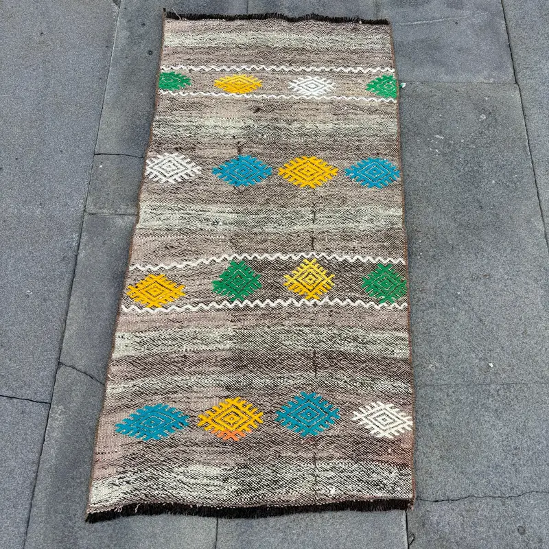 Vintage Rug, 1.7x3.3 ft Small Turkish Rug, Kilim Brown Yellow Floral Rug - 1