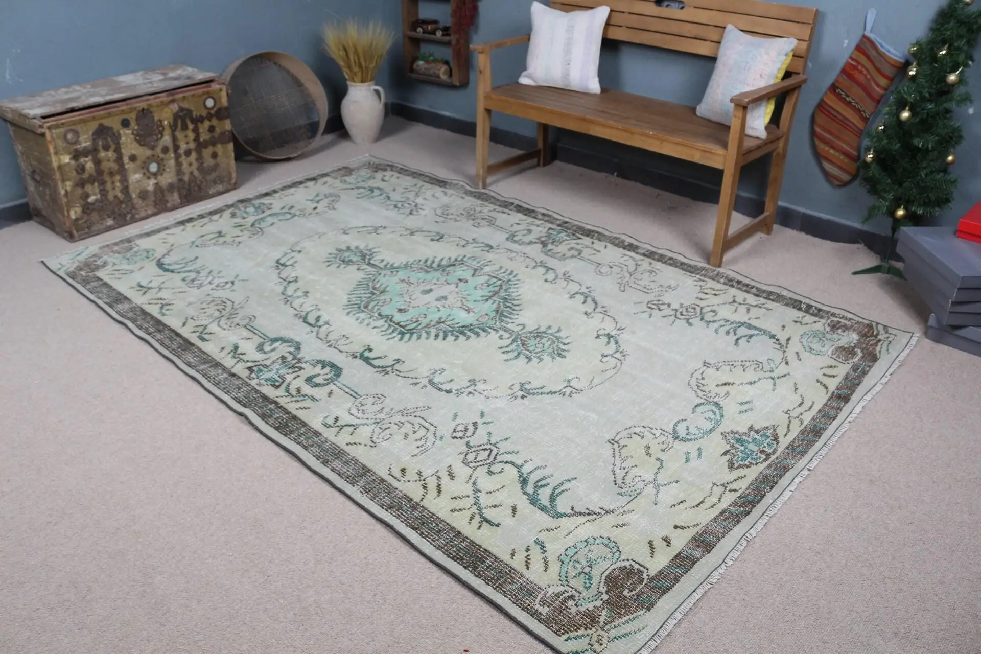 5.7x8.8 ft Büyük Türk Vintage Halısı, Mavi İkat Yün Halı - 1