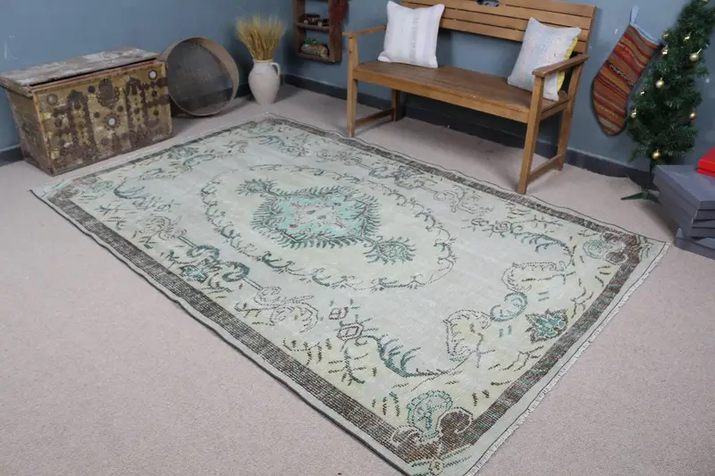 Green Ikat Rug, 5.7x8.8 ft Elegant Home Decor